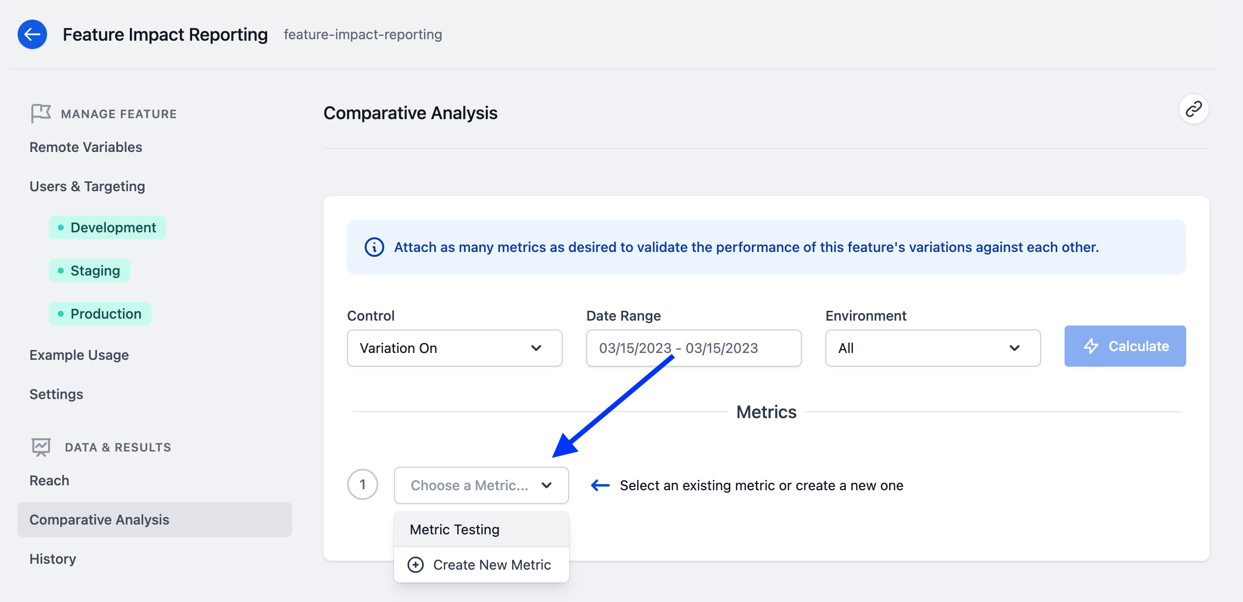 Choose a Metric dropdown menu